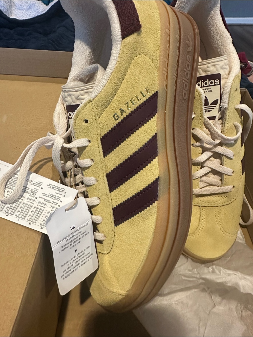 New in box Adidas Yellow Suede Sneakers with Burgundy Stripes